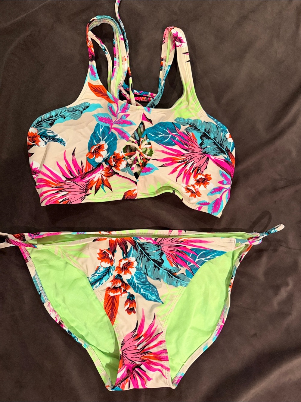 Xhilaration Neon Green Floral Accent Bikini Set